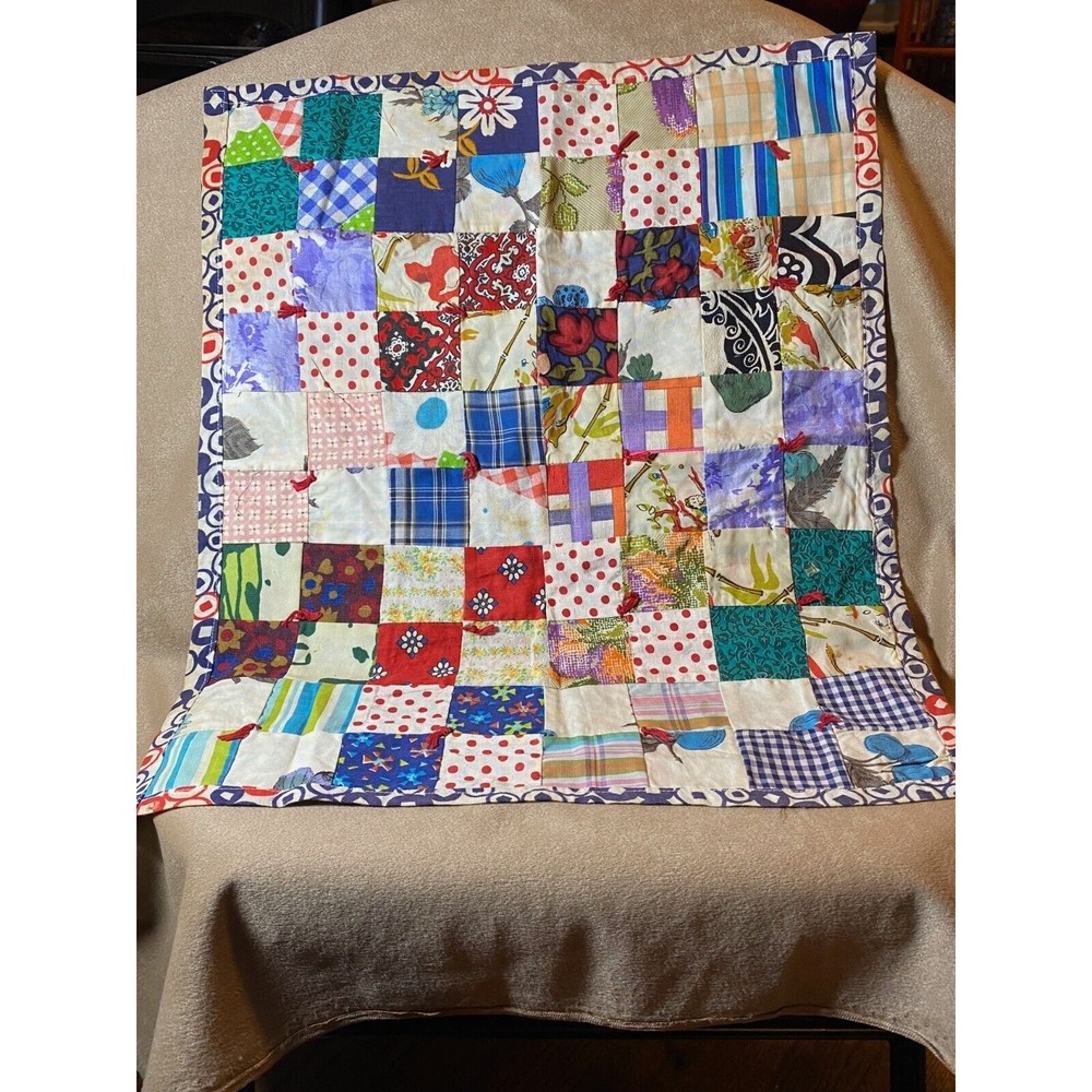 Vintage 60's Small Hand Made Quilt Baby or Doll Sized Fiber Arts